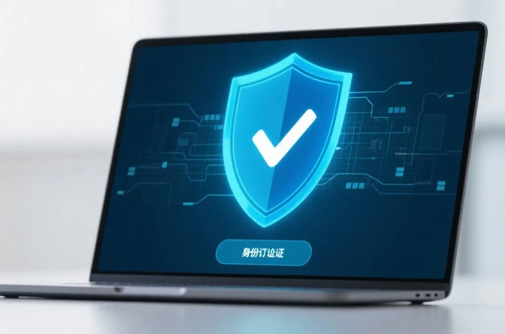 A conceptual illustration of a digital shield and checkmark on a laptop screen, representing identity verification and data security